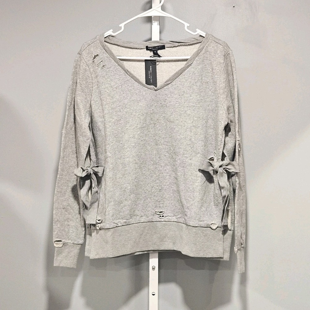NWT Romeo & Juliet Couture Size M Distressed Sweatshirt Lt Gray Side Slit w/Ties